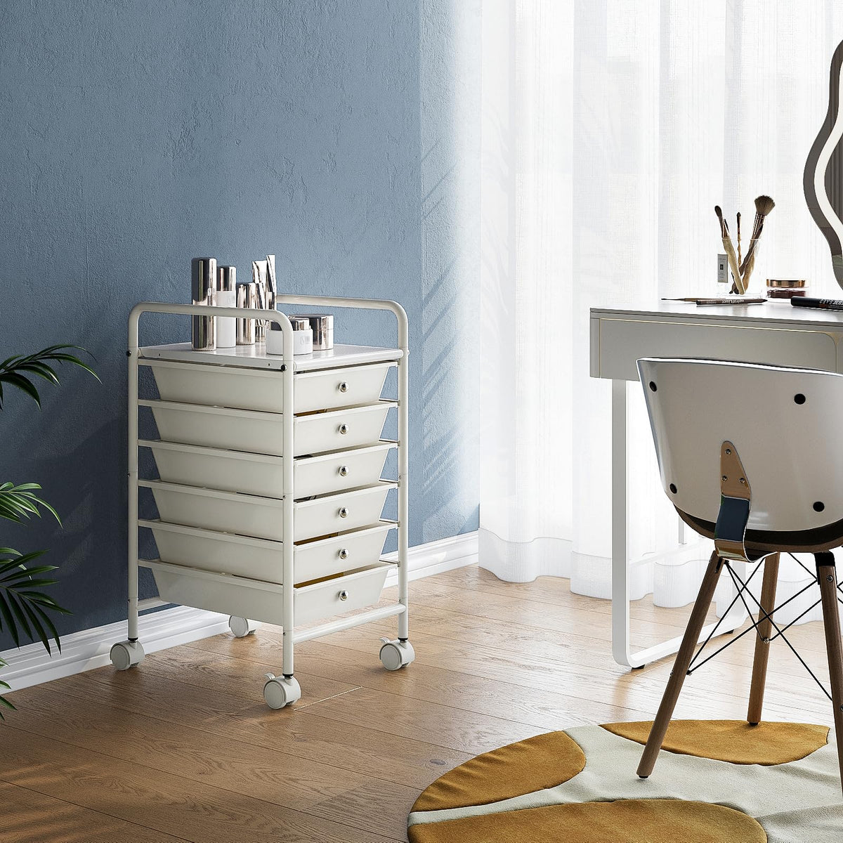 Shrivee 6-Tier Utility Cart with 6 Drawers, Rolling Utility Cart with 2 Lockable Caster Wheels, Multipurpose Mobile Rolling Drawer Cart for Office Bathroom Kitchen, Ivory White