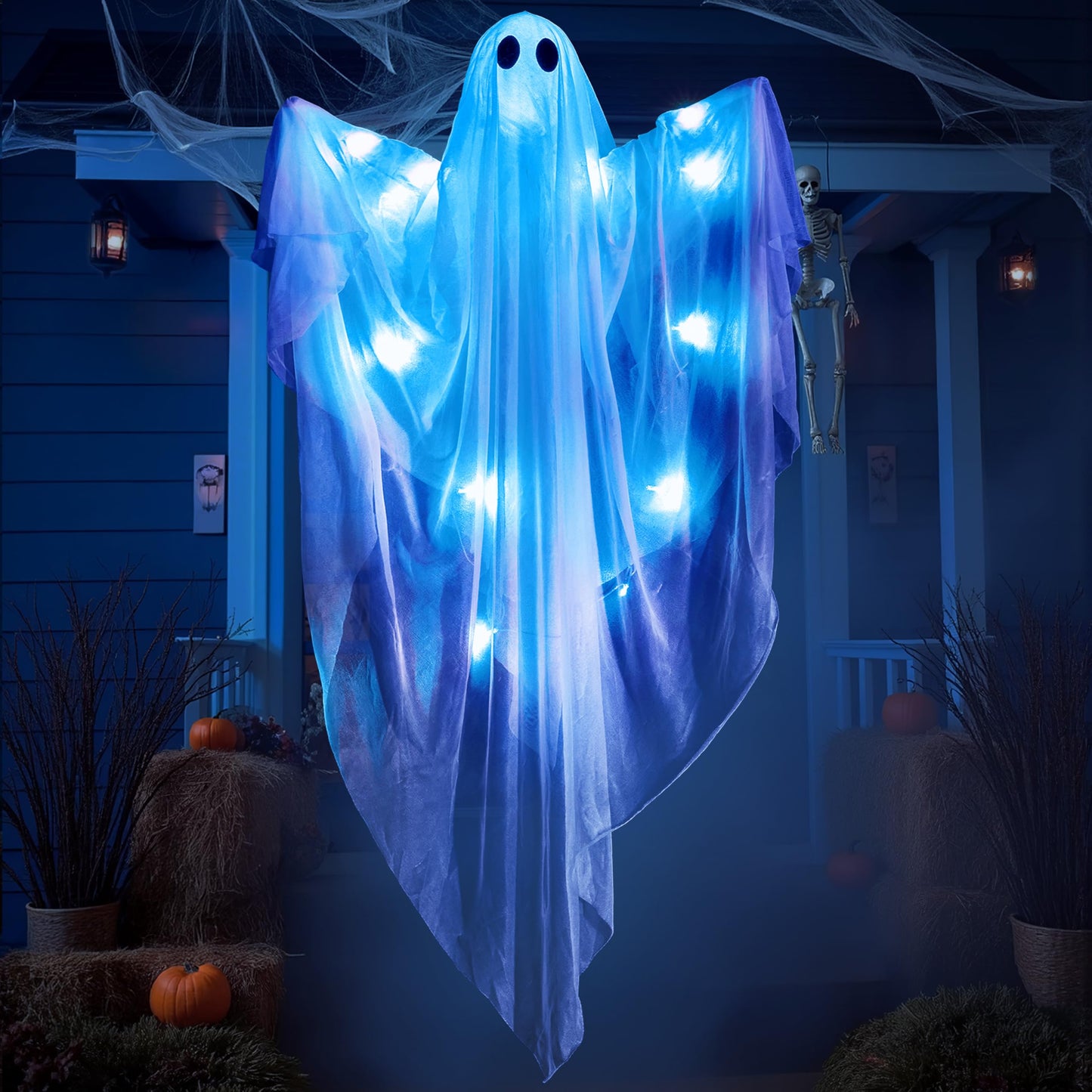 JOYIN Halloween Hanging Light up Ghost, 47” White Ghosts with Blue LED Light and Timer Halloween Hanging Decoration Waterproof for Front Yard Patio Lawn Garden Party Decor Indoor Outdoor