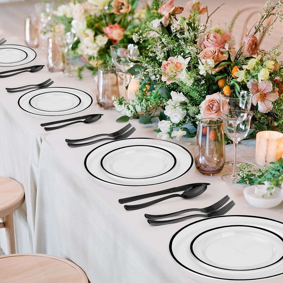 BESTSTAR 200PCS Black and Clear Plastic Plate, Black Disposable Plate Set with 100 Dinner Halloween Plates and 100 Dessert Plates for Party