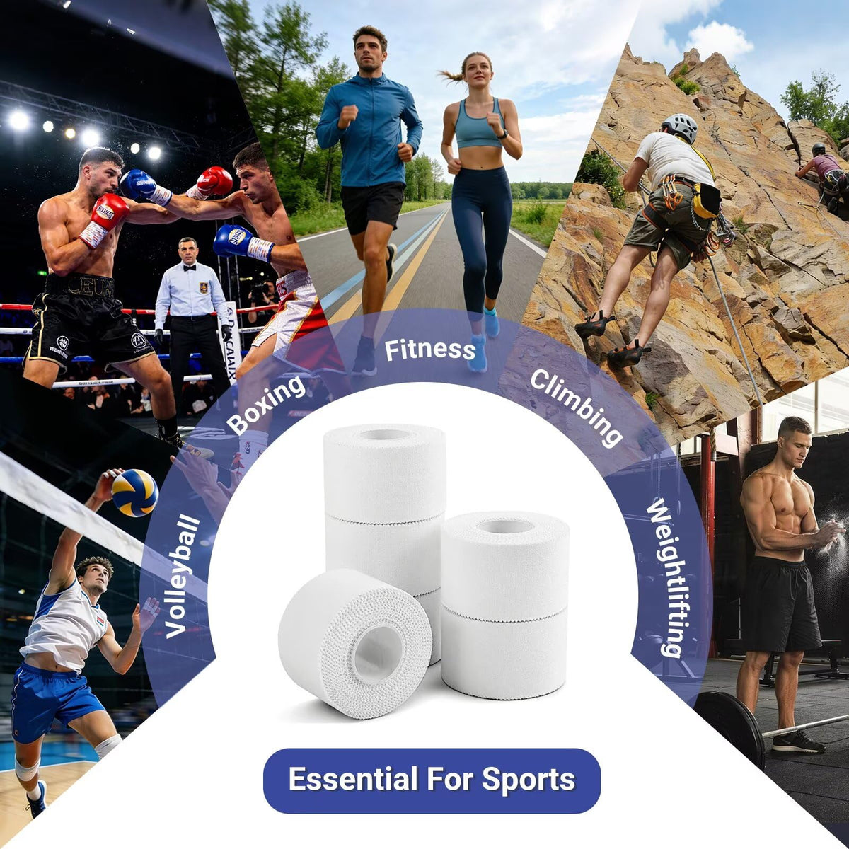 Golden Sport Athletic Tape, 6 Pack White Sports Tape, 1.5 in x 45 ft, Very Strong Easy Tear No Sticky Residue Tape for Sport, Suitable for Gymnastics, Climbing, Boxing, Hockey Bat and Soccer