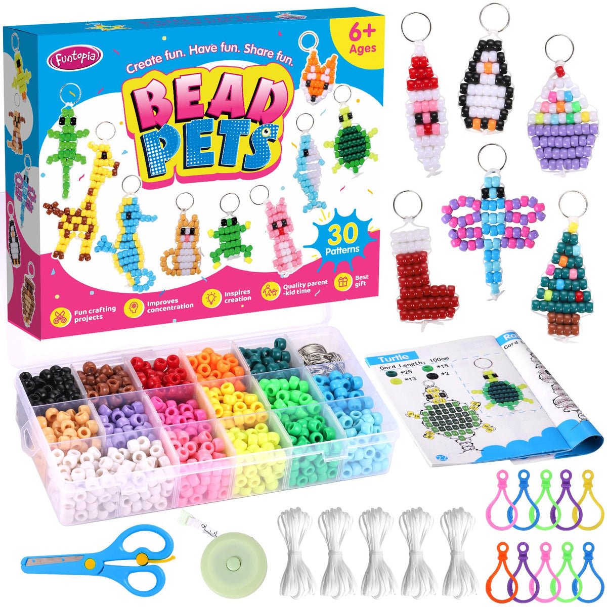 Funtopia Beads for Crafts, Pony Beads Keychain Making Kit, Bead Pets Art Crafts for Kids Beginners, Birthday Party DIY Craft for Girls Boys (1500 Bead, 30 Designs)