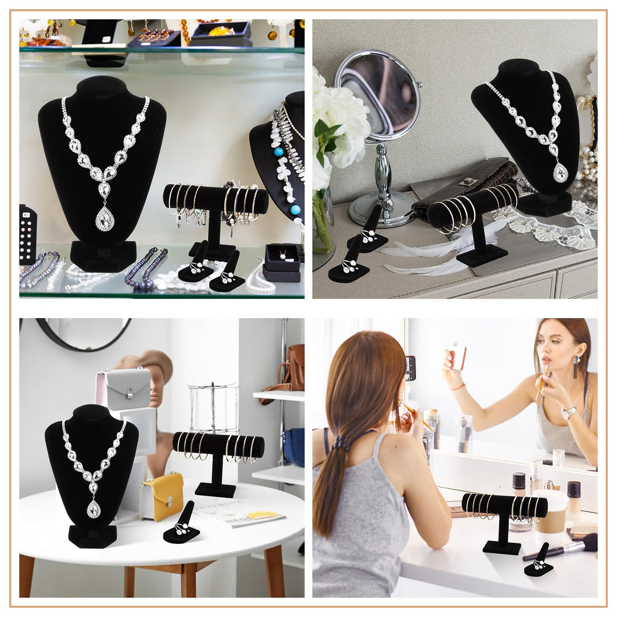 Wenqik 4 Pcs Velvet Jewelry Display Set Velvet Necklace Bust Holder Bracelet Organizer 2 Ring Finger Jewelry Holder(Black)