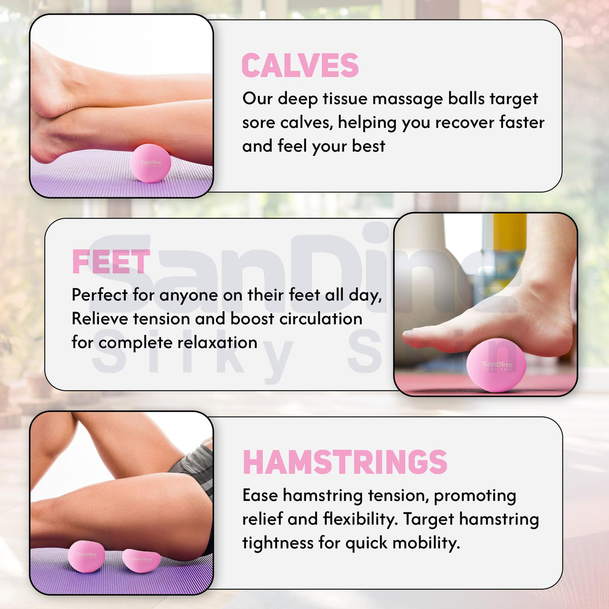 Lacrosse Massage Balls for Deep Tissue Massage - Release Tension Relieve Muscle Soreness Improve Flexibility - Ideal for Myofascial Release Trigger Point Therapy - 2Pack Yoga Balls by Sandine (Pink)