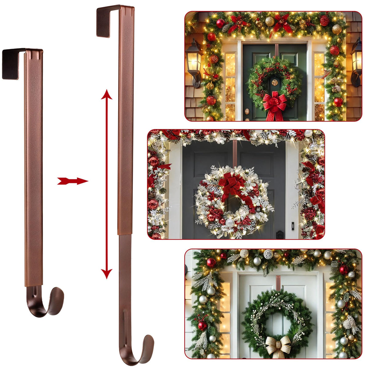 2 Pack Wreath Hanger for Front Door, 20 lbs Christmas Wreath Door Hanger, Non Scratch Over the Door Hooks for Xmas Easter Halloween Fall Wreaths Décor Welcome Sign, Adjustable from 15 to 25 in Hangers