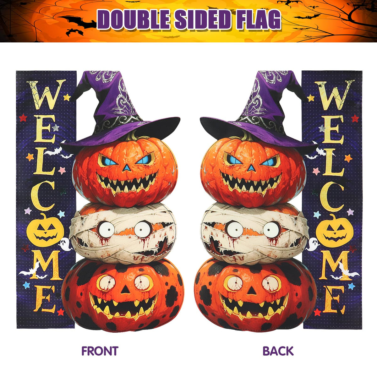 Halloween Pumpkin Monster Garden Flags 12x18 Inch Double Sided, Welcome Funny Small Yard Flags for Outside, Farmhouse Front Porch Outdoor Fall Decor Holiday All Seasons Decoration