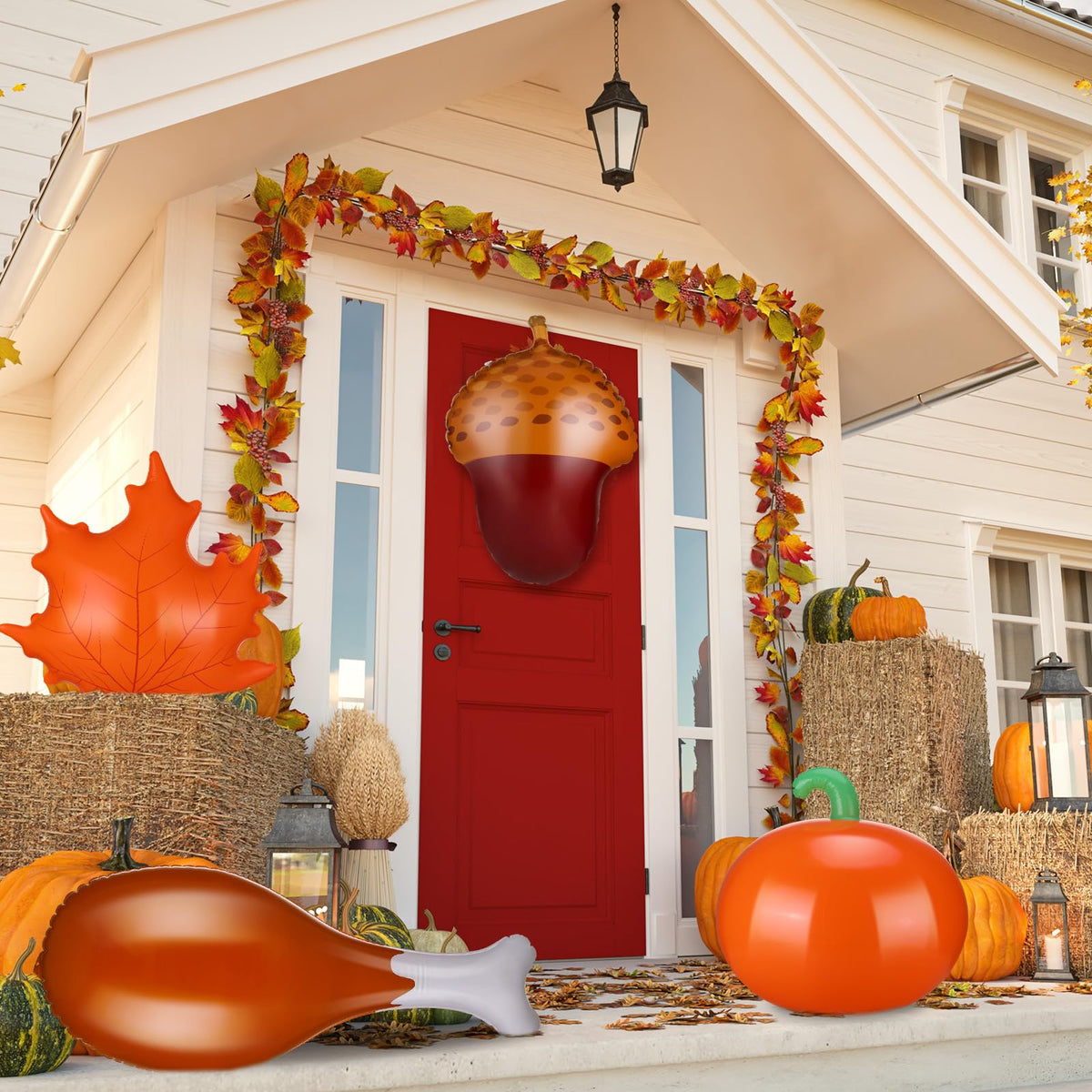 8 Pcs 24 Inch Thanksgiving Inflatable Turkey Legs Pumpkin Maple Leaves Pine Cones Outdoor Decorations Autumn Thanksgiving Blow up PVC Inflatable Hanging Ornaments for Indoor Outdoor Party Photo Props