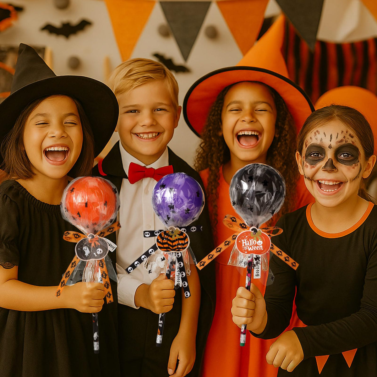 Simgoing 96 Pcs Halloween Party Favors Gift Trick or Treat Container Halloween Pencil Empty Giant Lollipop Stationery Candy Fillable Hold Plastic Lollipop Storage for Classroom Gifts
