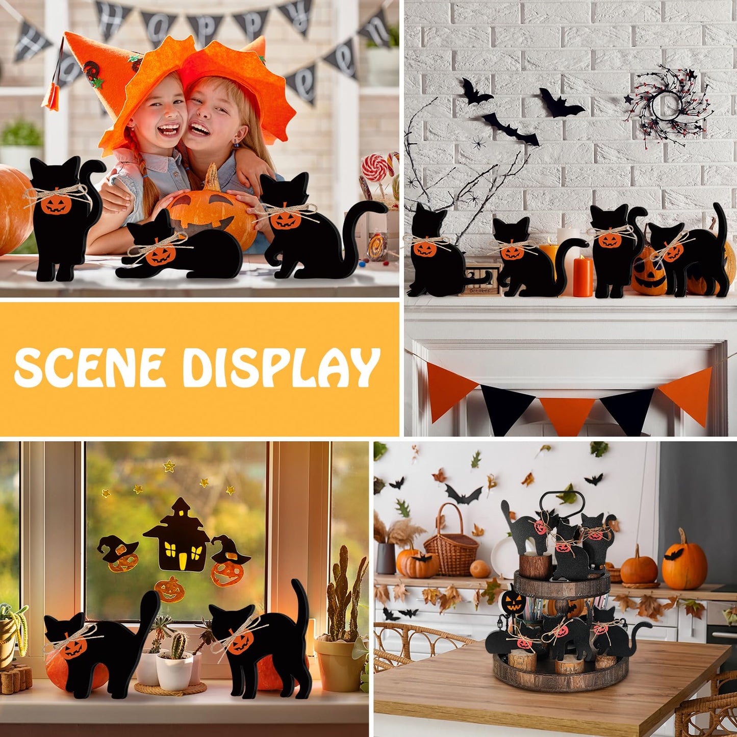Pinkunn 6 Pcs Halloween Wood Decors with Pumpkin Black Cat Silhouette Decor Wooden Tiered Tray Sign for Home Table Mantel Party Centerpiece