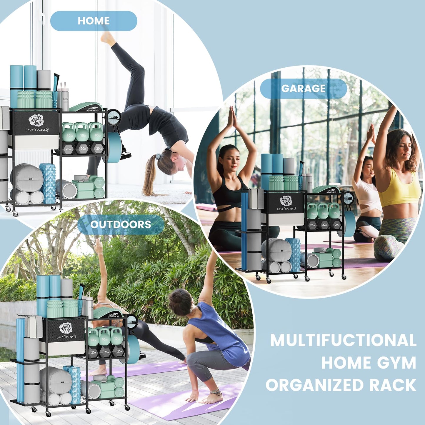 Yoga Mat Storage Rack,Home Gym Storage Rack Gym Workout Equipment Storage Organizer Fitness Weight Rack on Wheels for Yoga Mat,Yoga Block,Foam Roller,Resistance Band,Dumbbell,Kettlebell (Large Dark)