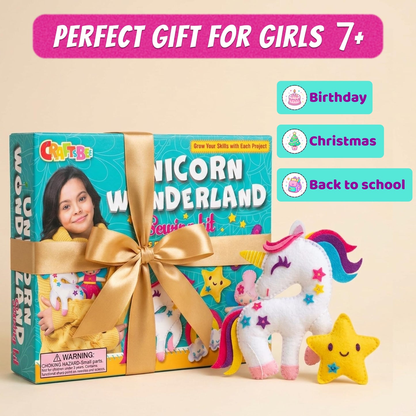 CRAFTSBEE Unicorn Sewing Kit for Kids Ages 7-12 ā 5 Large Felt Stuffed Animals, 3 Skill Levels ā Beginner Arts and Crafts, Birthday Gift for Girls