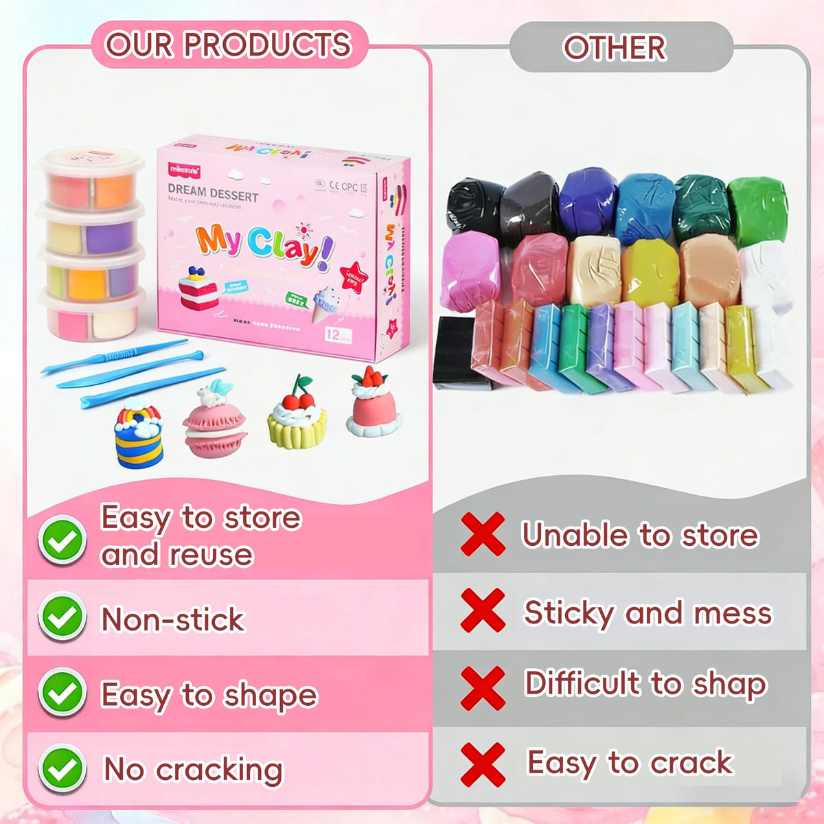 Air Dry Clay for Kids Dream Dessert Designs, Ultra Soft Safe Non-Sticky Clay Set, Play Doh Alternative Polymer Clay Kit, DIY Modeling Clay for School Projects & Party Favors, Clay for Kids Ages 4-12