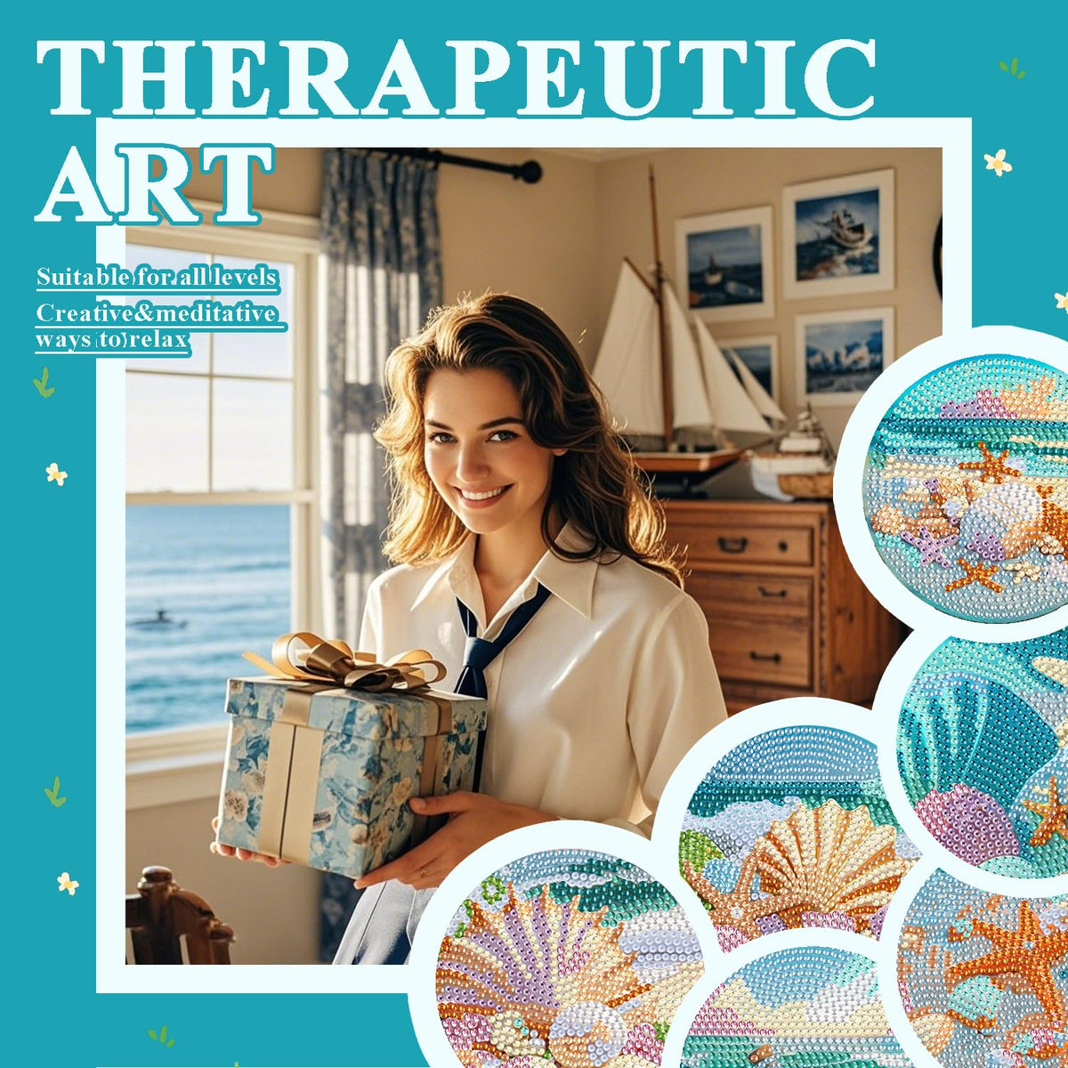 Leatrice Ocean Diamond Art Coasters Set of 6, Small Diamond Painting Kits for Adults Beginners Women, Gem Art Coasters with Holder, Funny Arts Supplies for Kitchen Decor