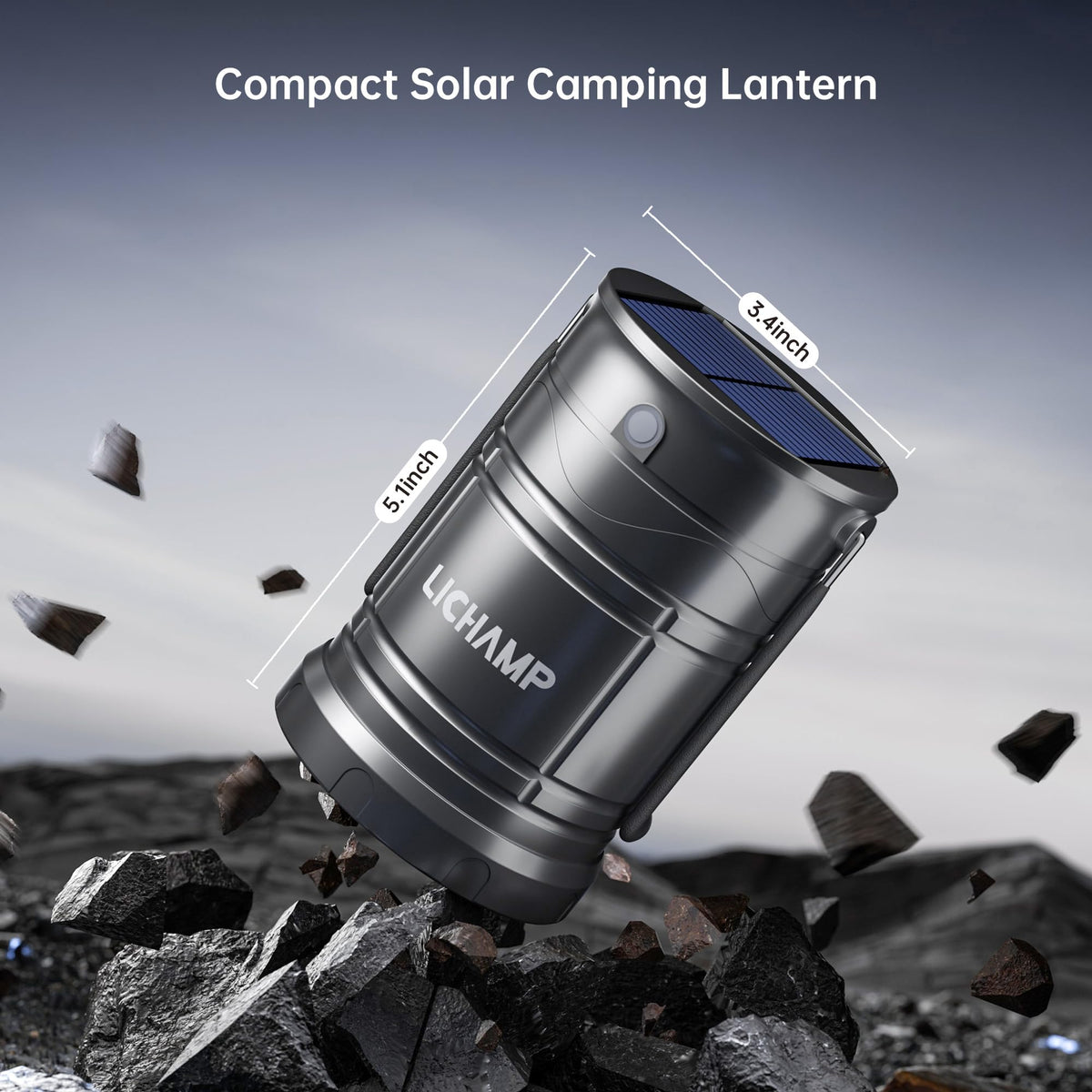 Lichamp Solar Camping Lantern, USB Rechargeable LED, 3 Modes, Dark Gray, Model CLS-K001GH