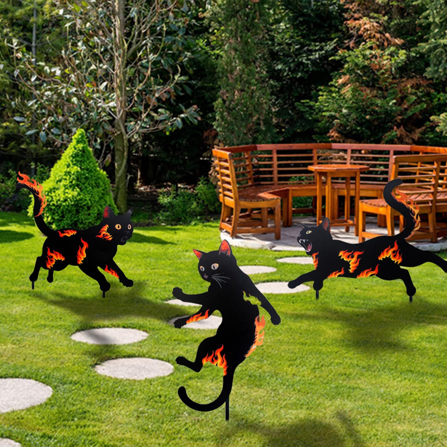 3 Pack Metal Black Cat Statues with Flame Design -Black Cat Decor Yard Signs with Stakes, Rustproof Halloween Yard Decor, Outdoor Garden Stakes for Haunted House, Lawn, and Everyday Decor (3)