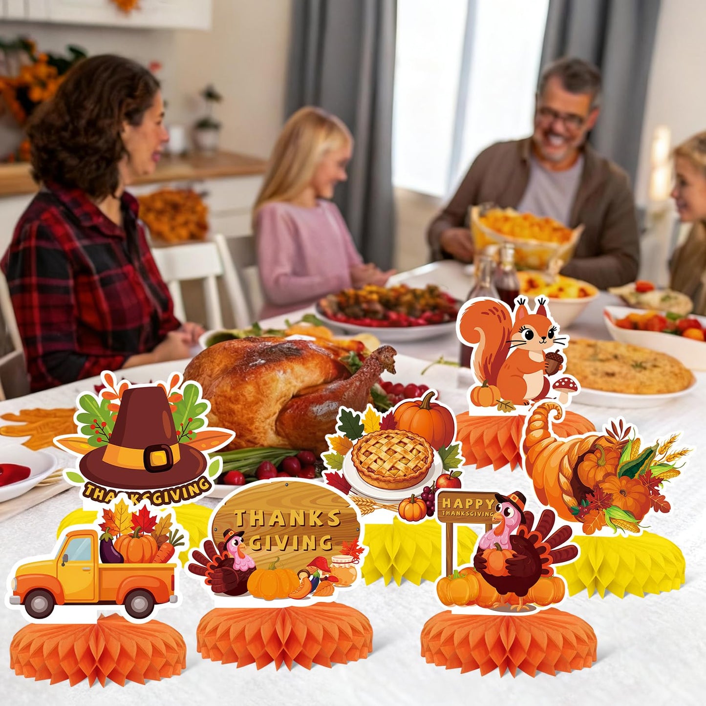9 PCS Fall Party Decorations,KSKSPE Thanksgiving Honeycomb Table Centerpiece 3D Pumpkin Turkey Table Centerpiece for Thanksgiving Theme Party Decor