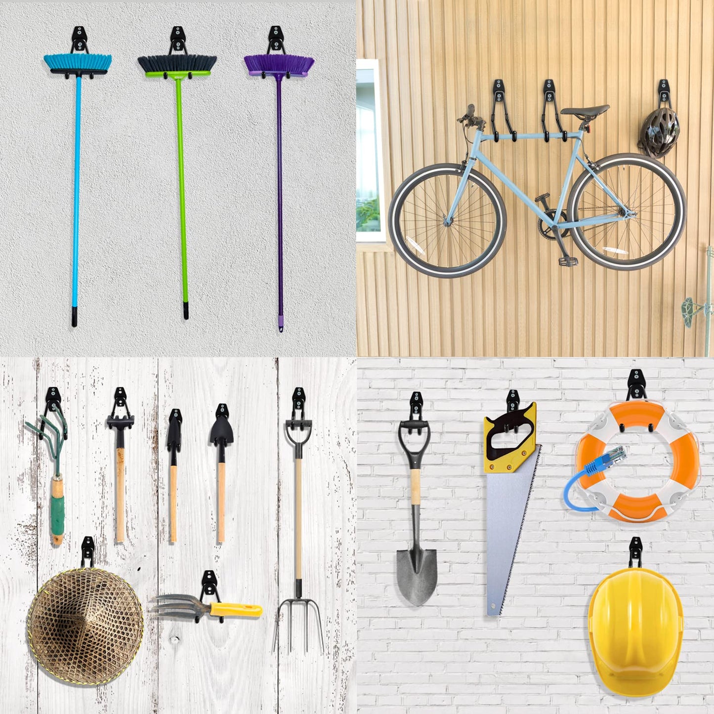 HUPBIPY Heavy Duty Garage Hooks 4 Pack, 7.7 inch U Shaped Long Hanger, with 2 Extension Cord Holder Organizer, Wall Mounted Storage System, for Power and Garden Tool Hanging, Ladders, Bikes, Hose