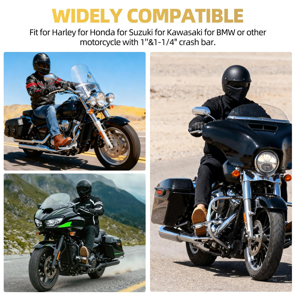 Upgraded Highway Footpegs, 1.25'' Motorcycle Highway Pegs Short Angled Adjustable Black and Rubber Style Fit for Harley Touring Street Glide Road King Softail Sportster Fit 1-1/4" Engine Guard(Chrome)
