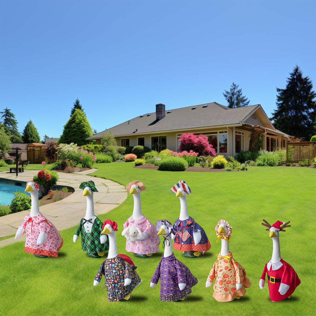 8 Set Porch Goose Outfits All Seasons Holiday Bundle, Valentine's Day, St. Patrick's, Easter, Independence, Back School, Halloween, Thanksgiving, Christmas Clothing for 23" Lawn Goose Patio Yard Deco