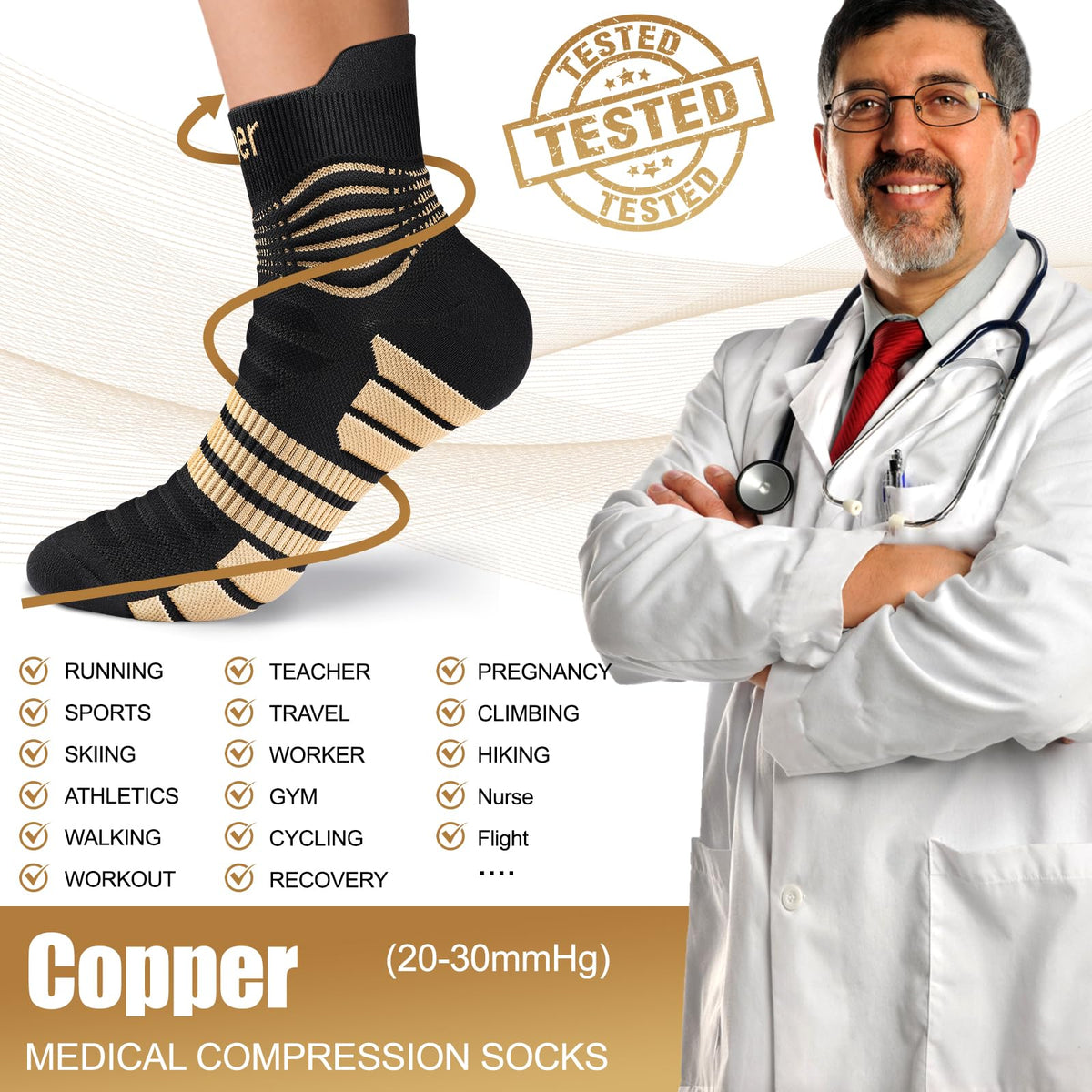 NEENCA Copper Compression Socks, Medical Ankle Support Socks for Injury Recovery & Pain Relief, Sport Protection, Women & Men Circulation, Swelling, Runner, Travel, Pregnancy, Flyingâ1 Pair, 20-30mmHg