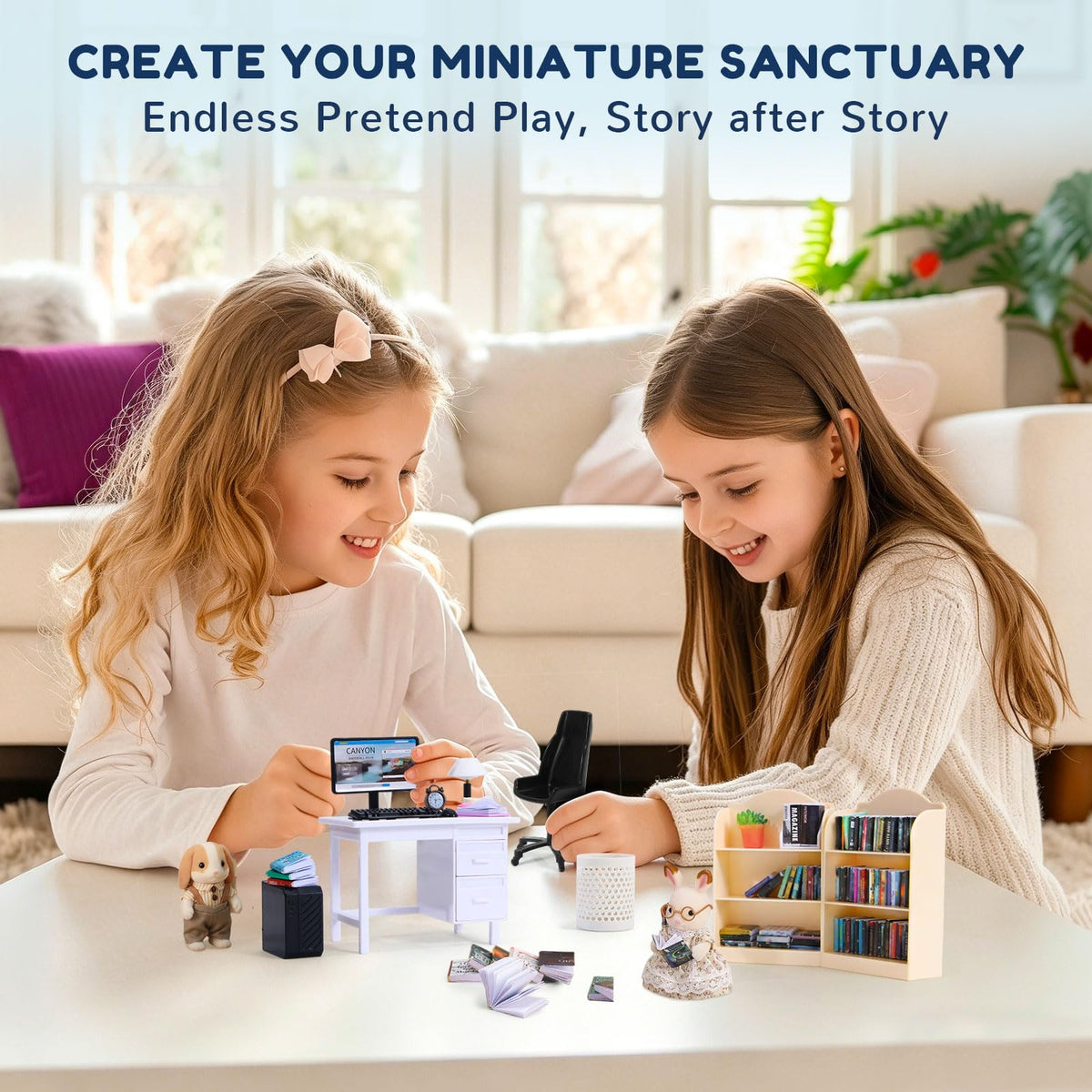 1:12 Scale Mini Desk Set with 100 Mini Books & 2 Bookshelves — Miniature Dollhouse Furniture Set with Office Chair, Computer & 15+ Accessories — Mini Desk Accessories for Doll House Diorama