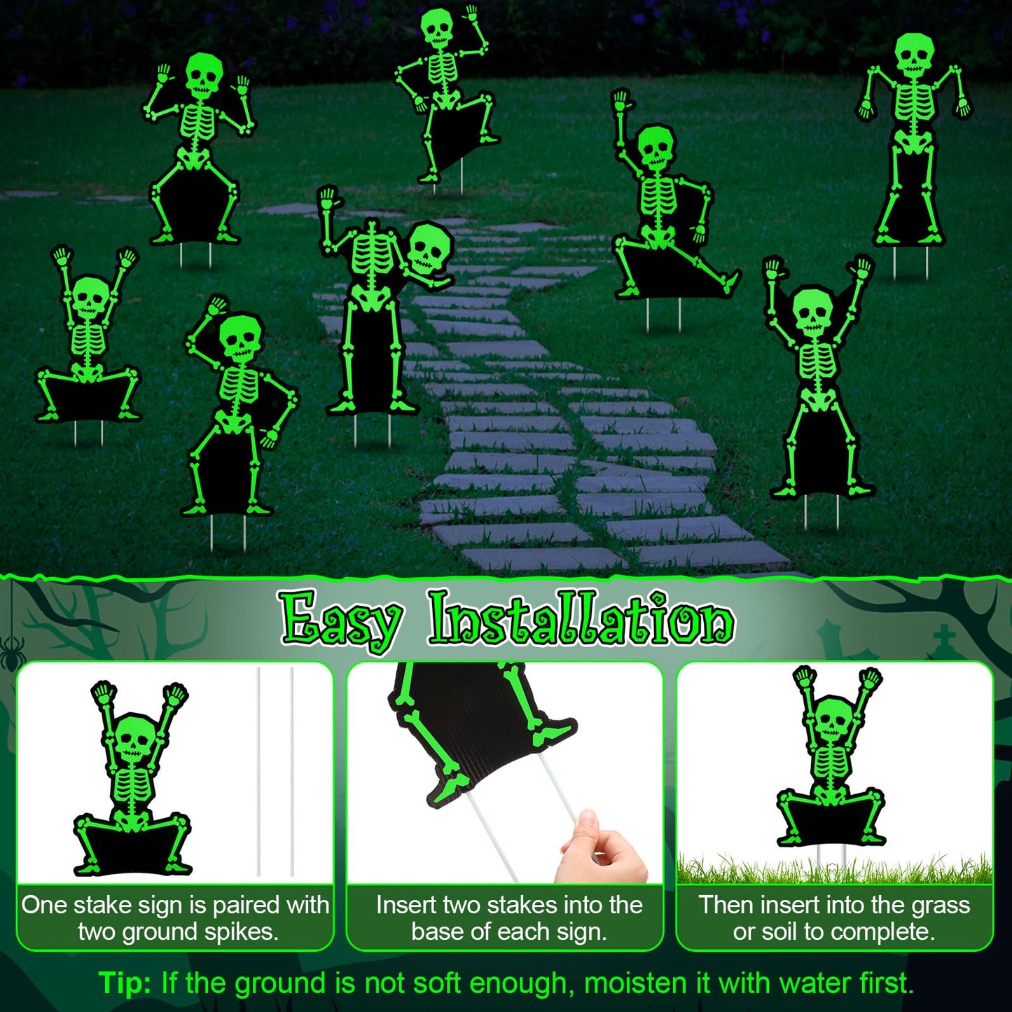 Jetec 8 Pcs Halloween Outdoor Decorations Glow in The Dark Skeleton with Stakes Luminous Halloween Graveyard Decoration Funny Skeleton Yard Signs for Outdoor Lawn Yard Garden