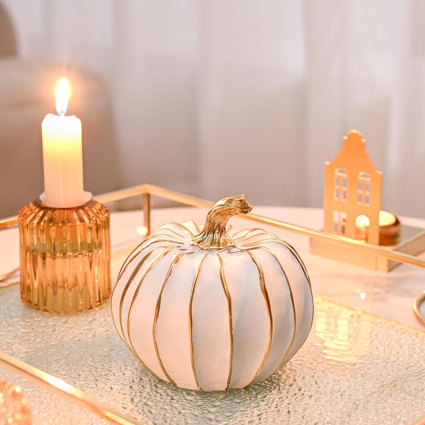 FESTGLOX Fall Pumpkin Decor, 2 PCS Resin Thanksgiving Fake Pumpkin Figurines, White and Gold Pumpkins for Decorating, Fall Decorations for Home, Farmhouse, Harvest Table Centerpiece