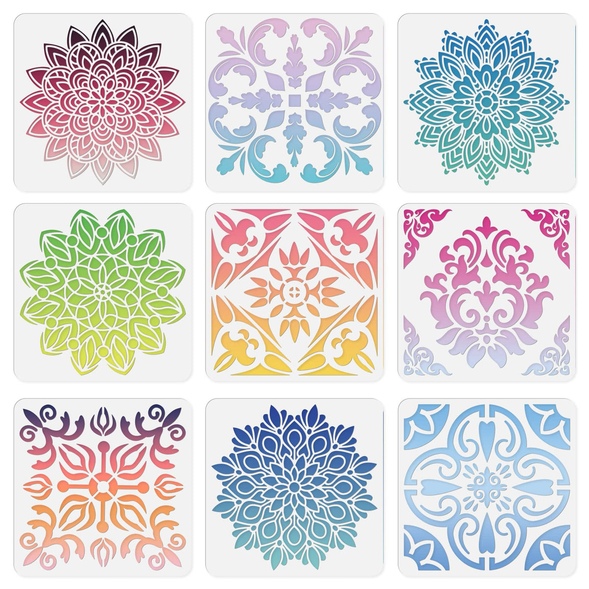 INFUNLY 9PCS/Set Mandala Flowers Wall Stencils for Painting 12x12 Mexican Tile Stencil Art Flower Concrete Floor Stencils Reusable Drawing Template for Painting Wood Canvas Furniture Patio Home Decor