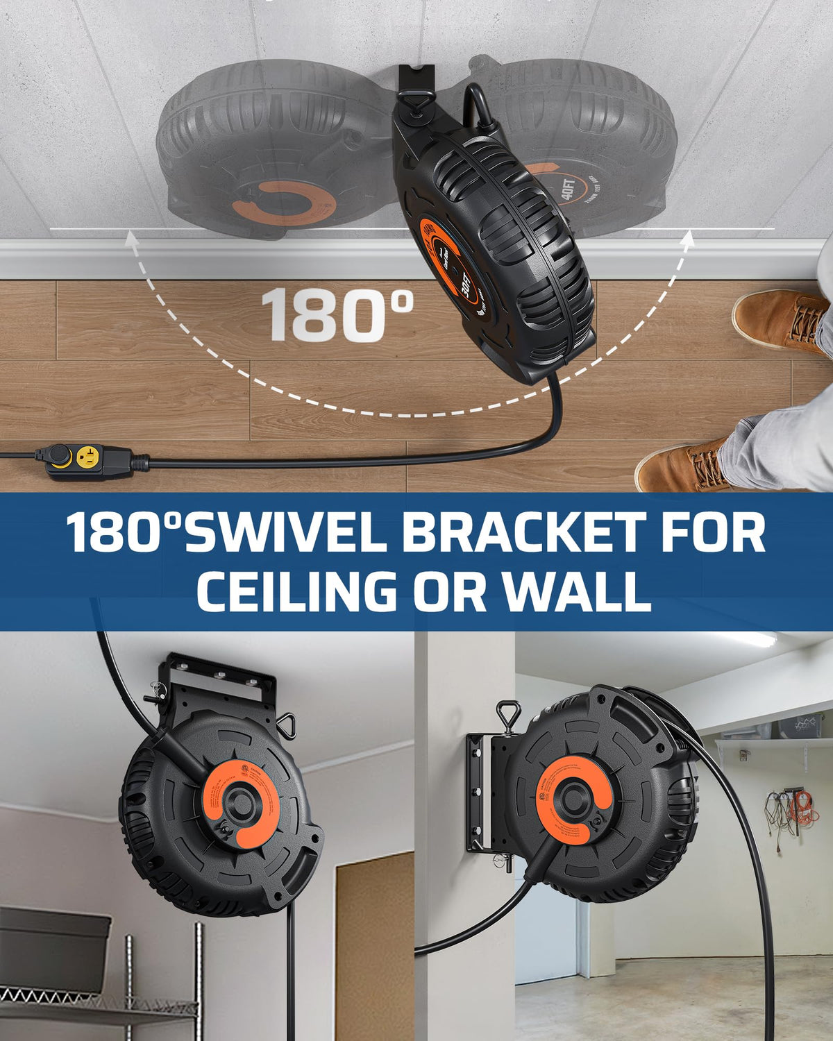 DEWENWILS 20Amp Retractable Extension Cord Reel, 30FT 2500W Heavy Duty Power Cord Reel, 10AWG/3C SJTW Industrial Cable, 4 Grounded Outlets, 180° Swivel Bracket for Garage Workshop Construction Site