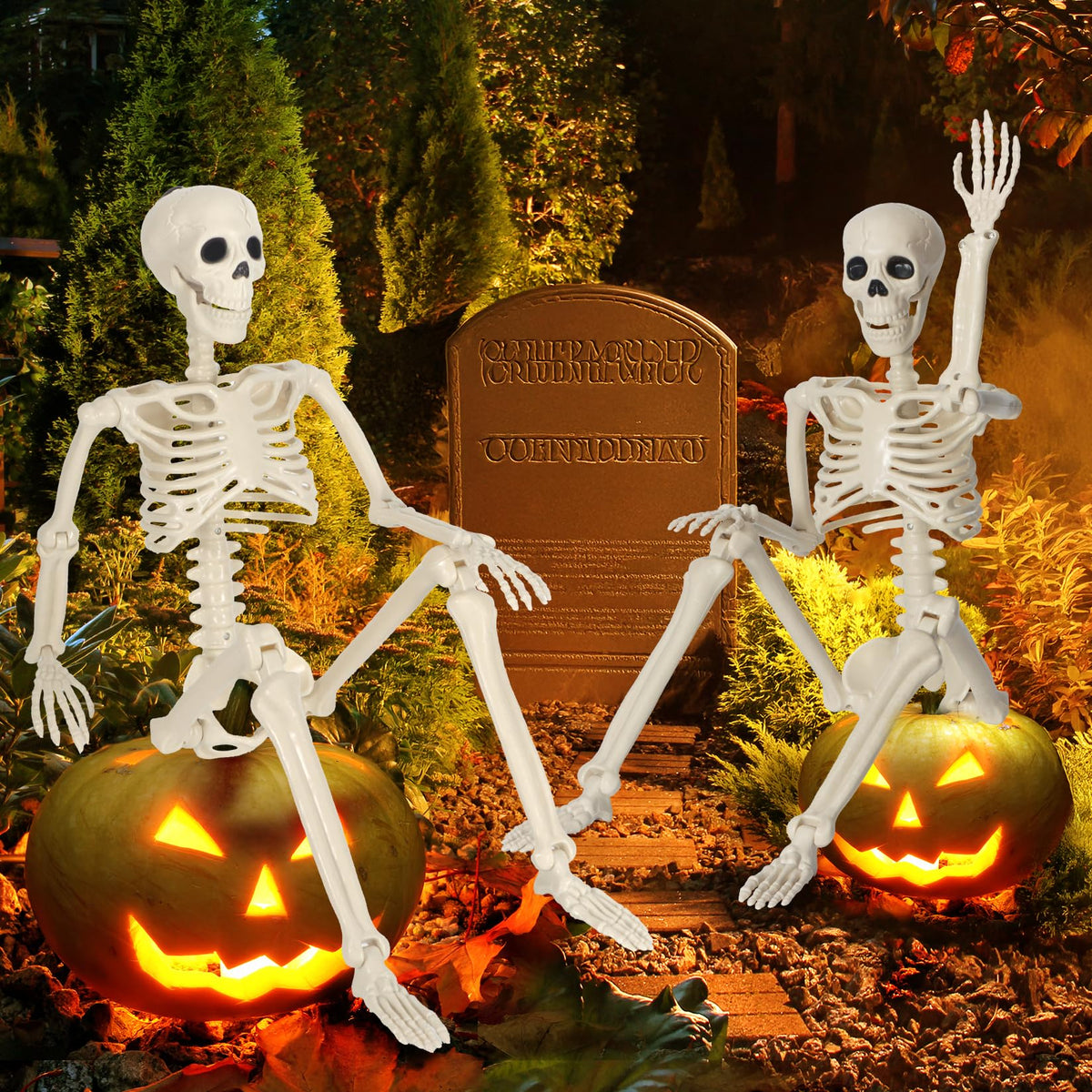 2 Pack 36" Skeleton Halloween Decorations,3Ft Plastic Posable Skeleton with Movable Joints,with 20 Spiders & Spider Webs for Halloween Party Decorations,Yard Haunted House Props Indoor Outdoor Decor