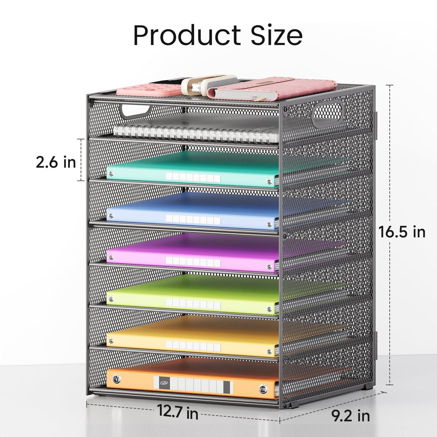Lavatino 8-Tier Office Desk File Organizer, Letter Tray Paper Organizer with Handle, Including 5 Adjustable Slide Trays for Organizing Desktop Workspace Accessories and Supplies (Grey Metal Mesh)