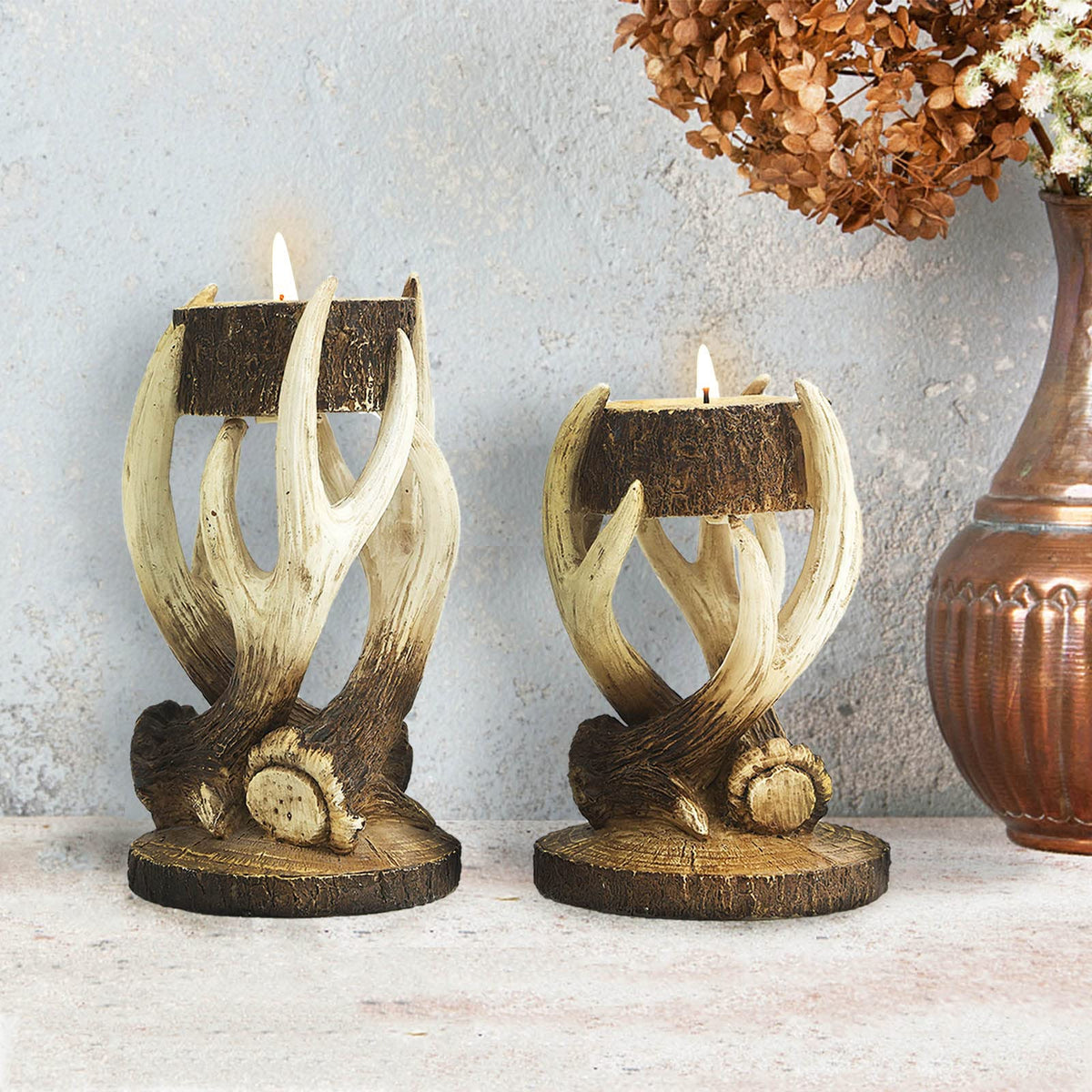 Duomiacasa 2Pcs Antler Deer Candle Holders, Rustic Elk Tealight Holder,Cabin Log Decoration