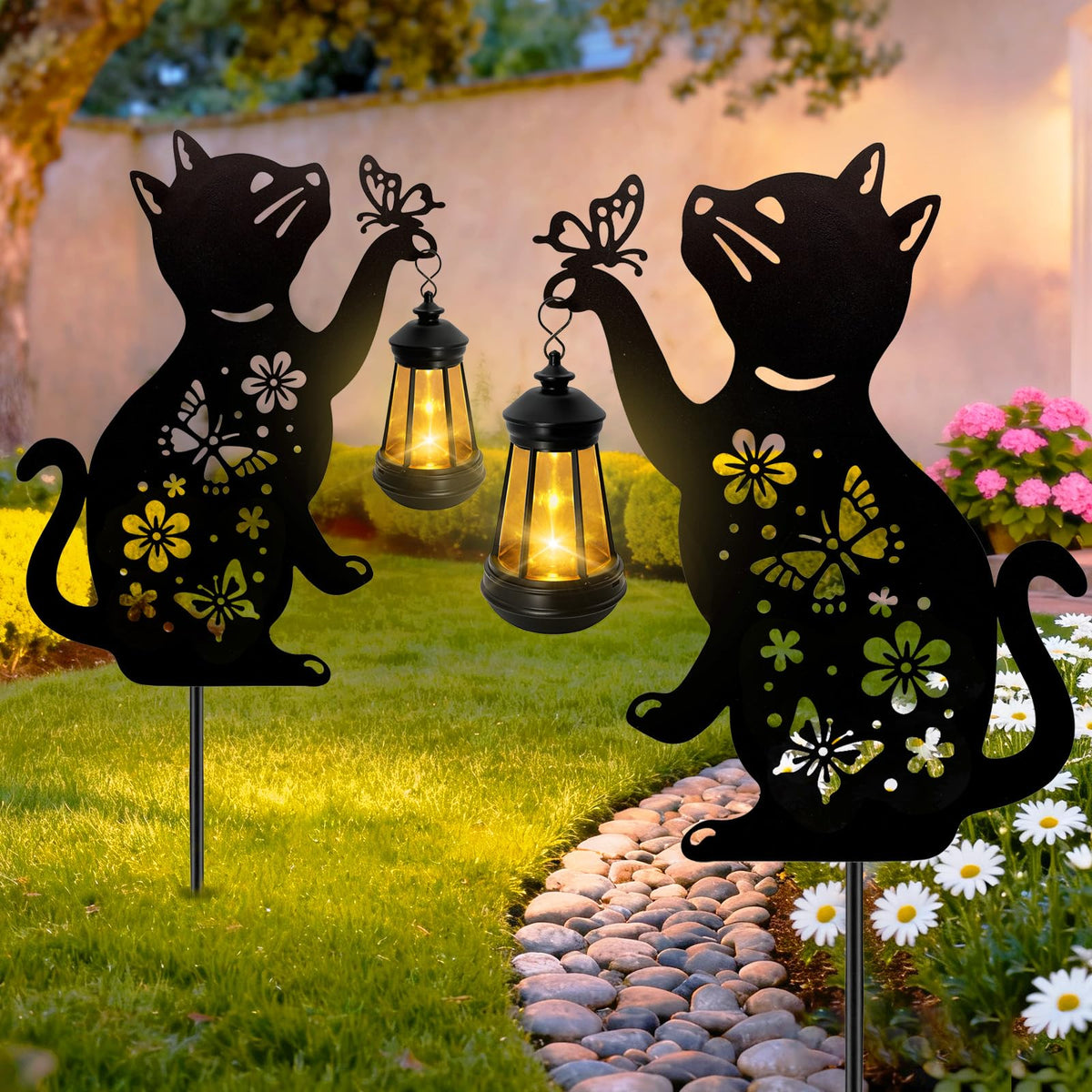 Cat Solar Lights Outdoor, 2 Pack Black Cat Hanging Lantern Waterproof, Cat Lover Gifts for Women Mom Birthday Mother's Day, Metal Garden Statue Yard Decor Patio Pathway Backyard Lawn Ornaments