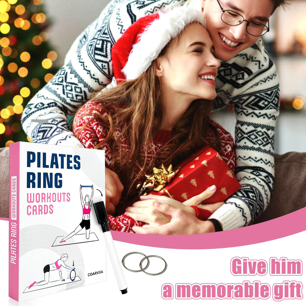 COARVXA Pilates Ring Workouts for Women-58 Exercise Cards with Pilates Mat Workout Postures,ncludes 4-Week Challenge,2 Rings& Dry-Erase for Easy Organization-Home, Gym or Studio