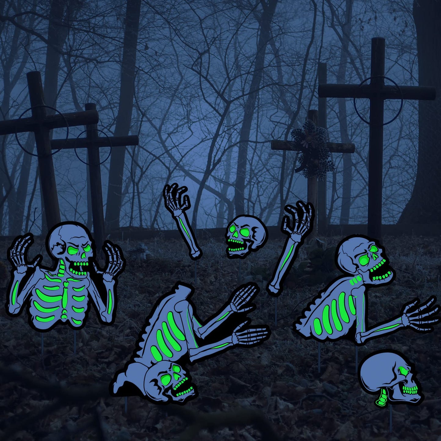 Capoda 5 Pieces Halloween Yard Signs Outdoor Decorations Fluorescent Halloween Skeleton Garden Sign with Stakes Reflective Skeleton Lawn Stake for Garden Lawn Yard Decor Supplies