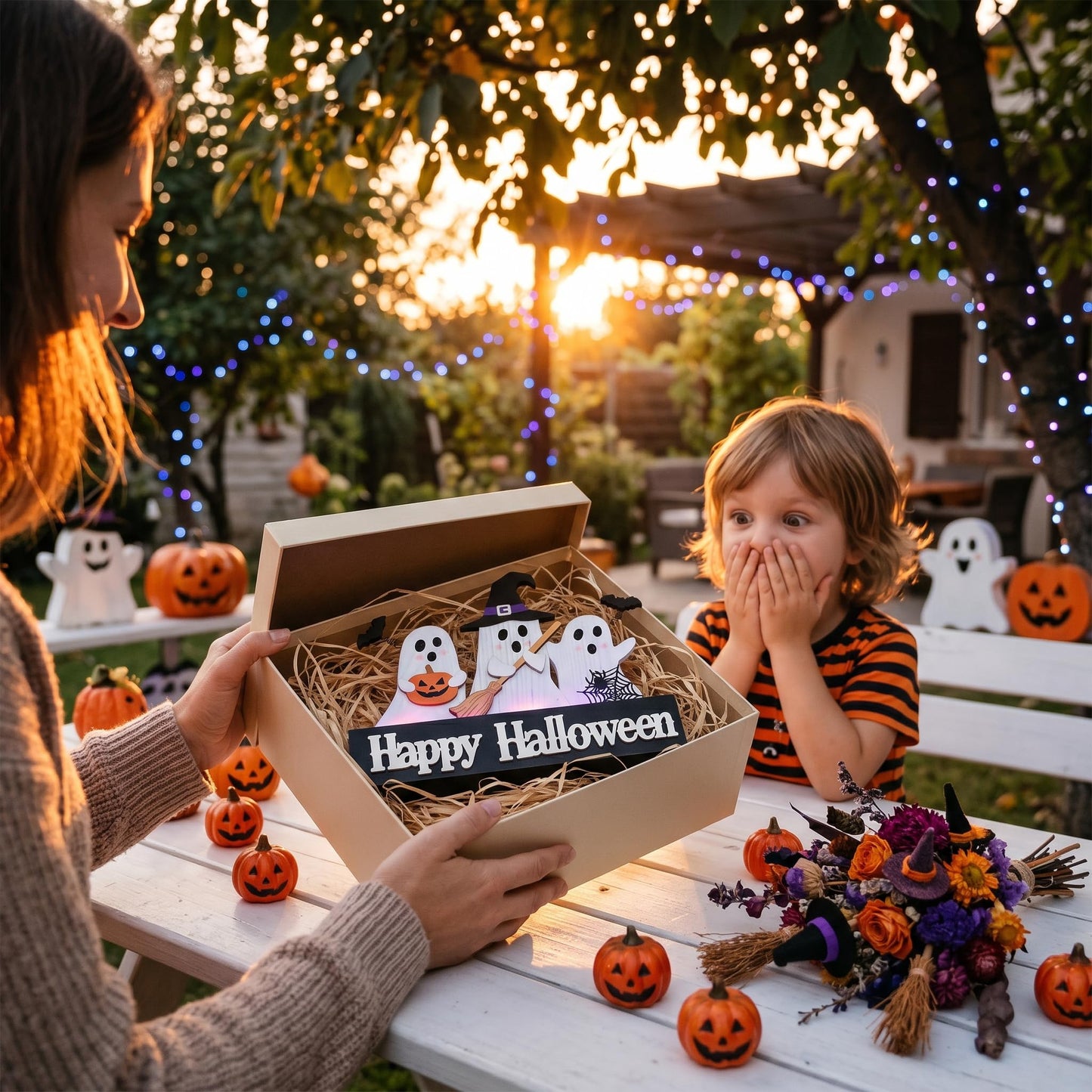 Valery Madelyn Halloween Decorations with Purple LED Lights, Lighted Halloween Ghost Decor, Tabletop Sign with Witch Hat Broom Bats Jack O Lantern for Home Party Indoor, 8 Inch