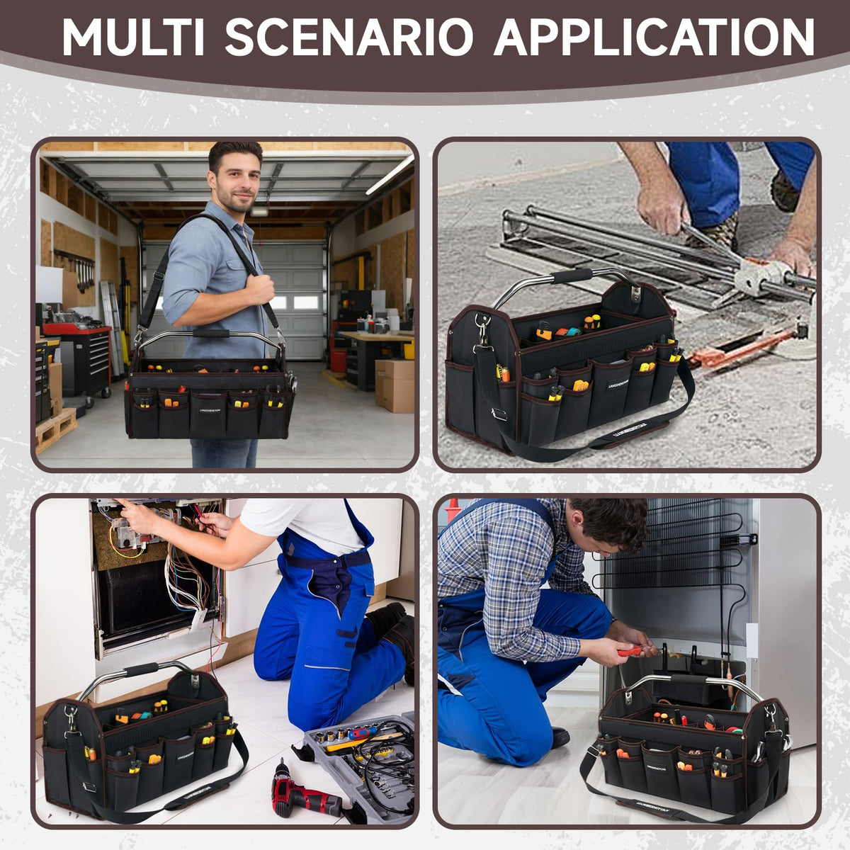 20 In Tool Carrier, Open Top Tool Tote 30 Pockets, Waterproof Tool Bag For Men, Foldable Wide Mouth Electricians Tool Bag, With Stainless Steel Handle and Removable Shoulder Strap