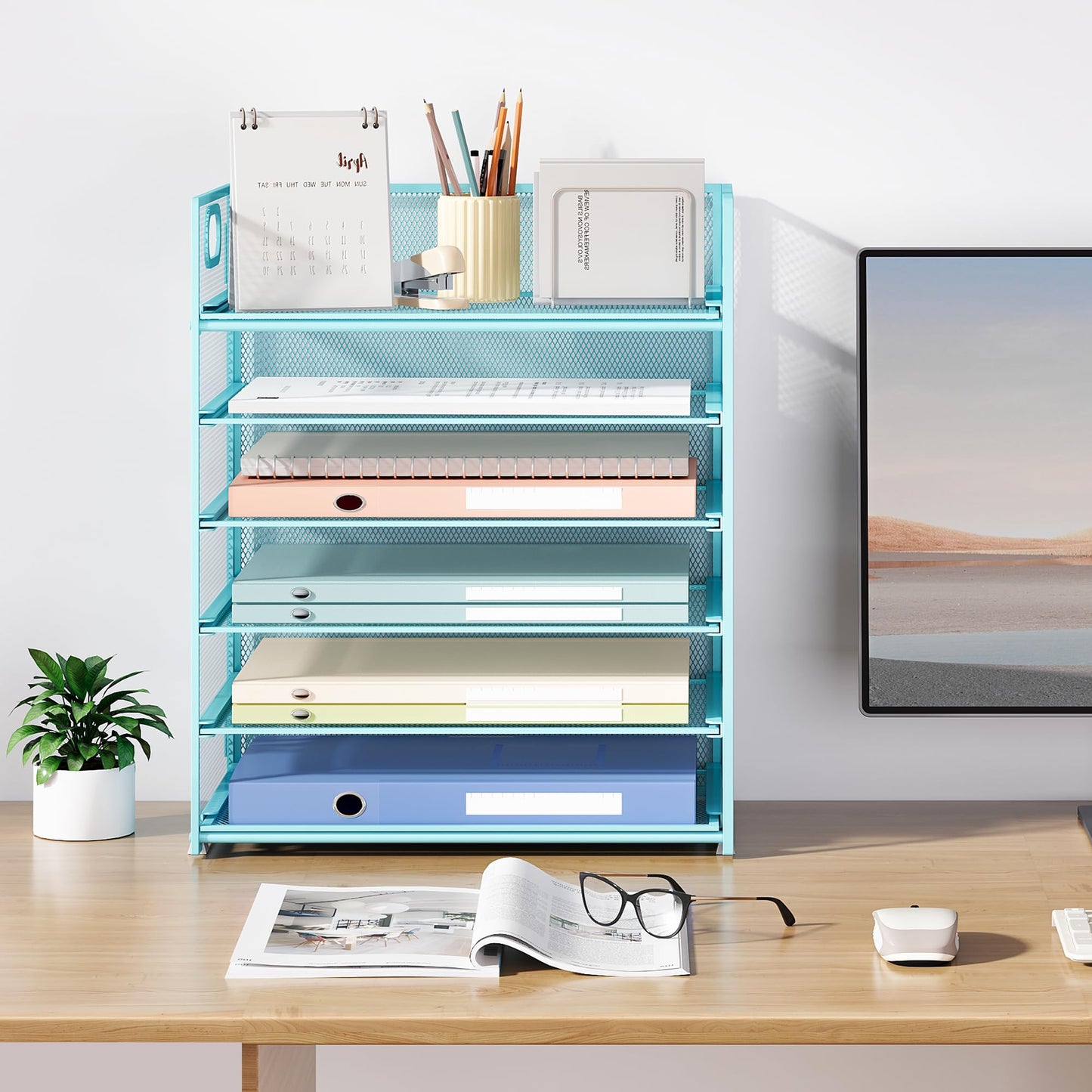Subekyu 6-Tier Desk Paper Organizer, Desktop File Letter Tray with Handle, Document Sorter and Accessories Holder for Office, Home and School Workspace Organizers, Blue-2 Pack