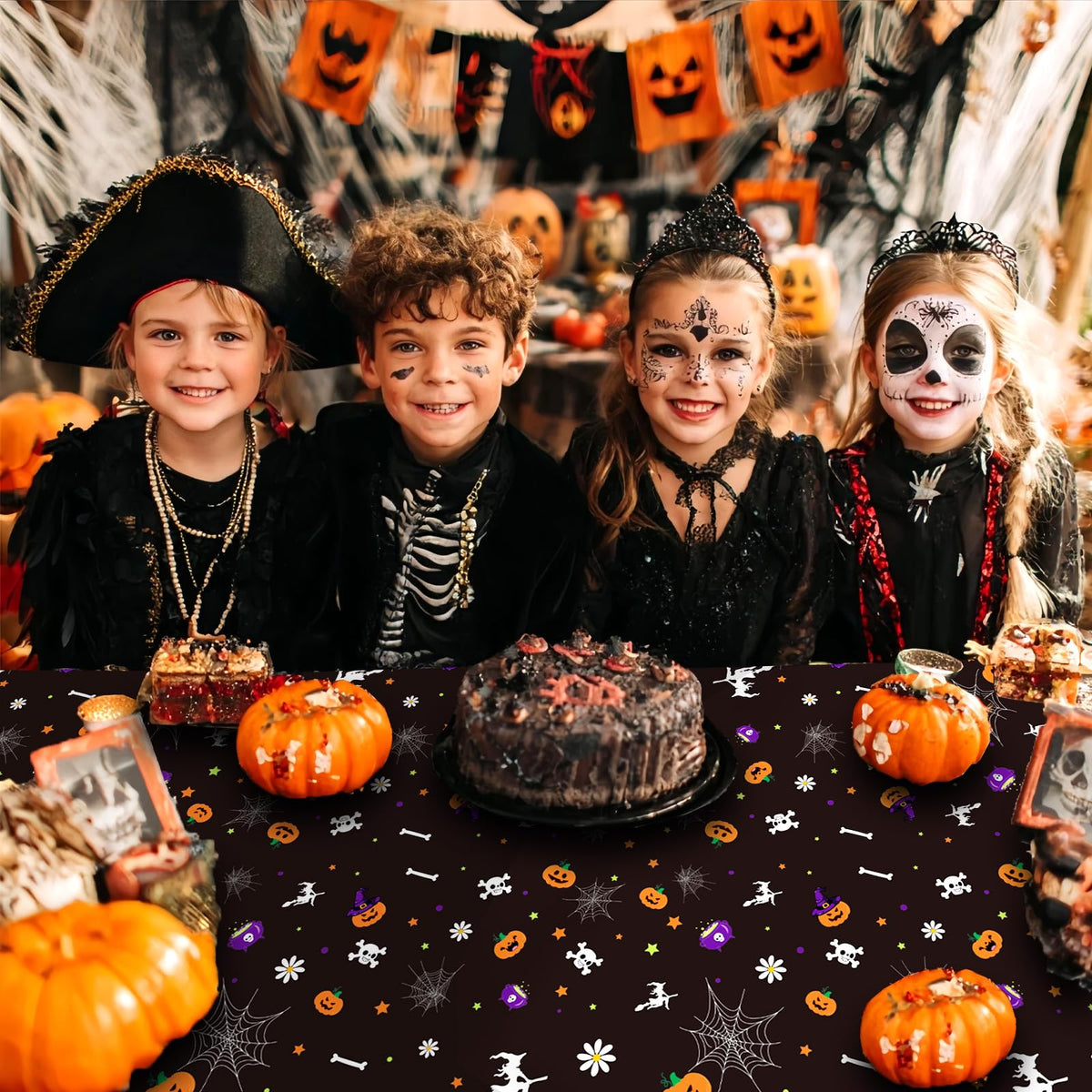 OQOQ Halloween Tablecloth (3 Packs, Black), 108x54 Inches Halloween Plastic Table Cloth Disposable Party Favors Pumpkin Boo for Outdoor Indoor Table Decor Backdrop Banner Party Supplies