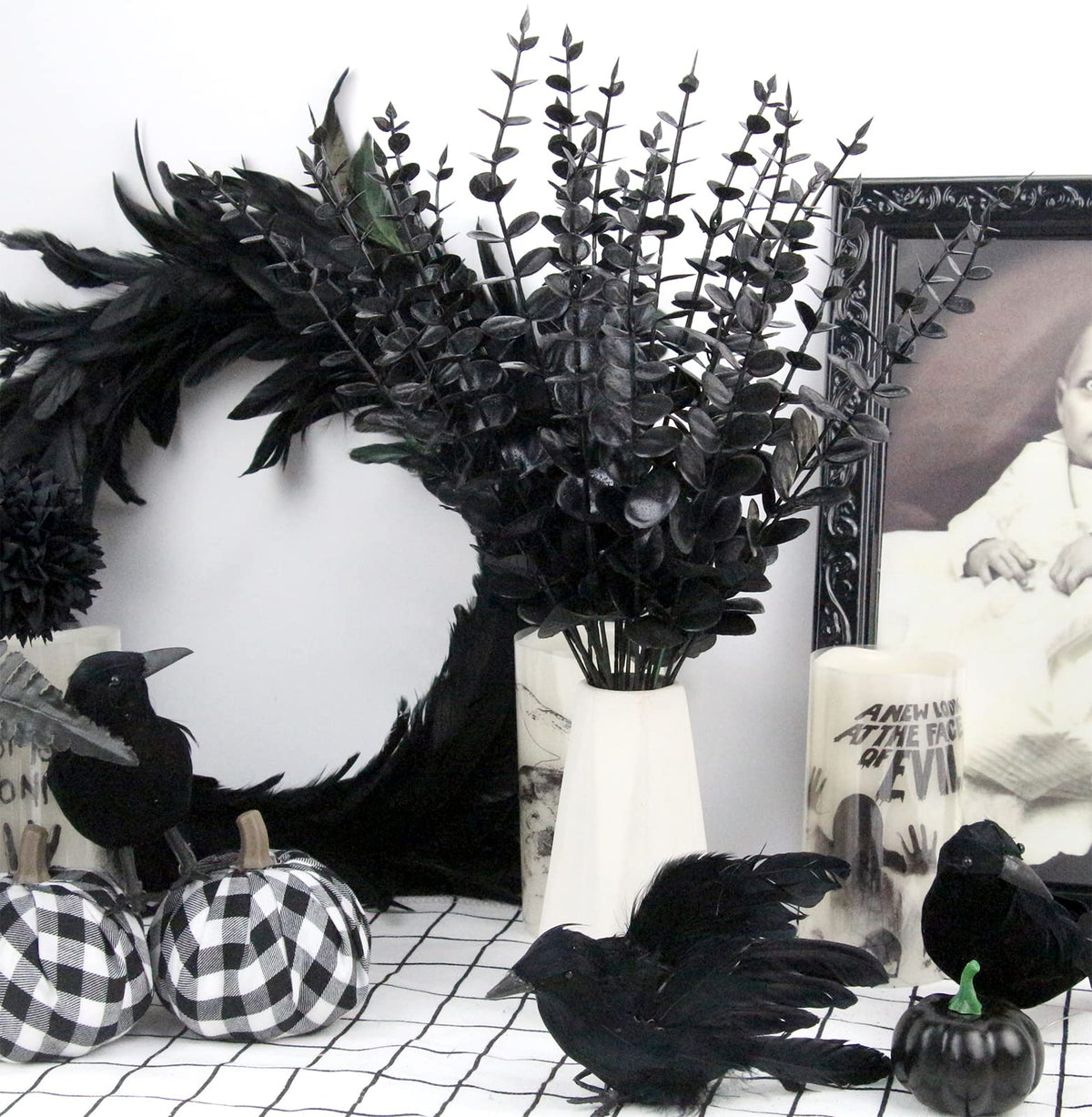 Tinsow 26 Pcs Black Artificial Eucalyptus Stems Faux Halloween Flowers Eucalyptuses Real Touch Leaf Centerpiece Home Decor (26, Black)