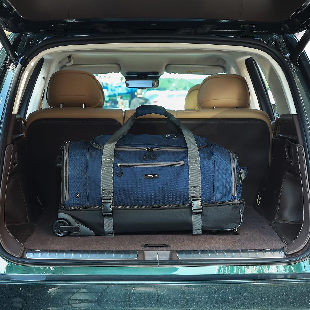 TONRUYN 100L Large Rolling Duffle Bag with Wheels and Handle, 29inch 2-Wheeled Travel Duffel Luggage with Rollers, Rolling Gym Bag with Shoe Compartment & Wet Pocket, Double-layer Space, Blue