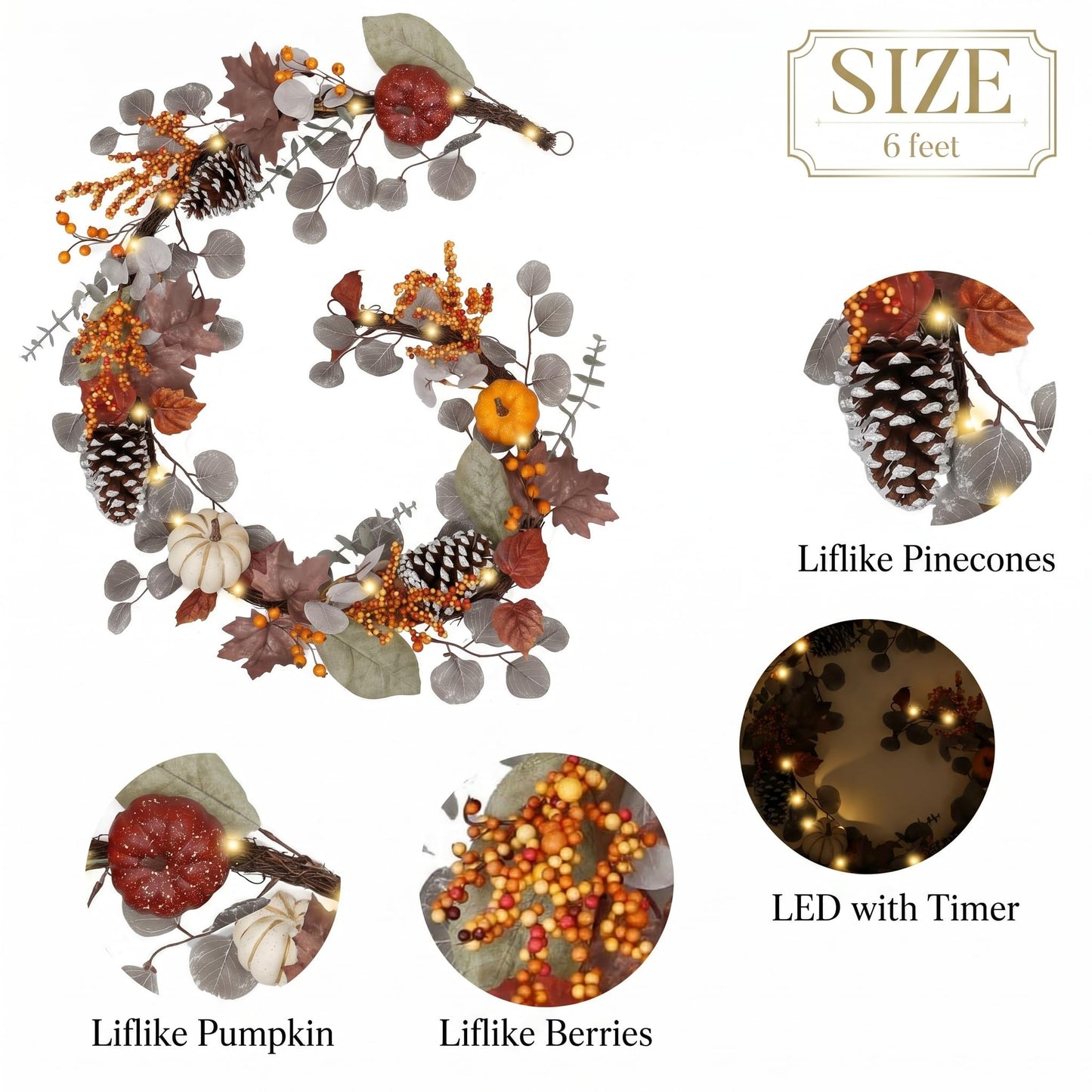 Valery Madelyn Fall Maple Leaves Garlands for Mantle, 6ft Halloween Garlands with Pumpkins Lights for Table Centerpiece, Thanksgiving Harvest Decorations for Home Mantle Fireplace Outdoor Decor-Brown