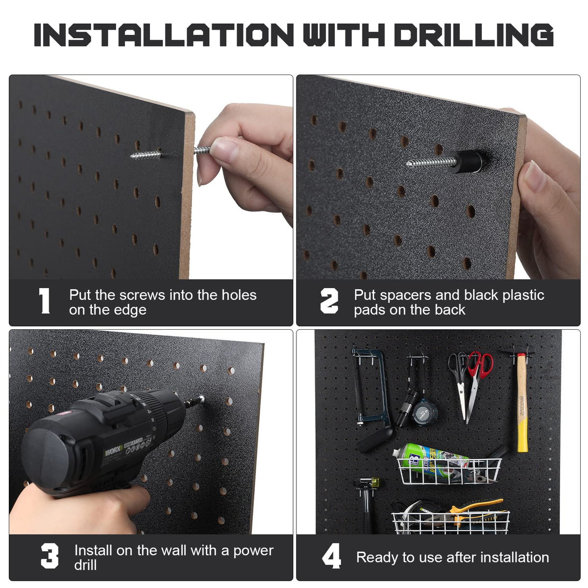 2 Pcs Wood Pegboard High Density Fiberboard 24 x 48 Inches Wall Mount Display Black Pegboard with Mounting Hardware Round Hole Peg Boards for Walls, Garage Craft Room Workshop Organizers and Storage