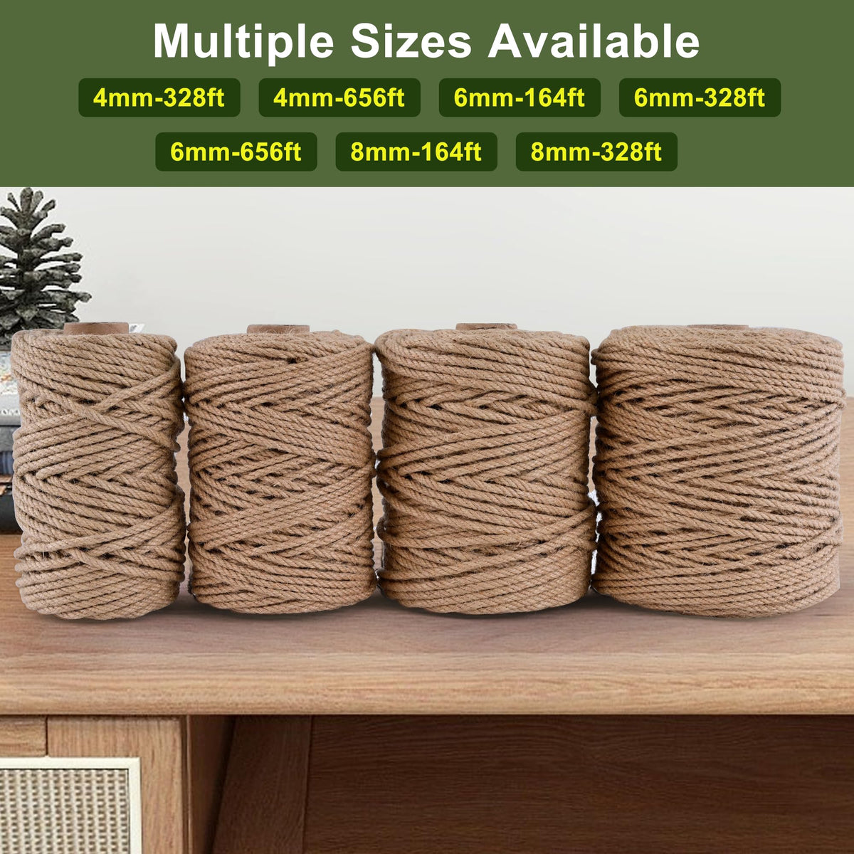 Natural Jute Twine 656ft 6mm,4Ply Twisted Thick Twine Rope Strong Jute String Roll for Crafts Gift Wrapping Gardening Home Decor Bundling Cat Scratching Post