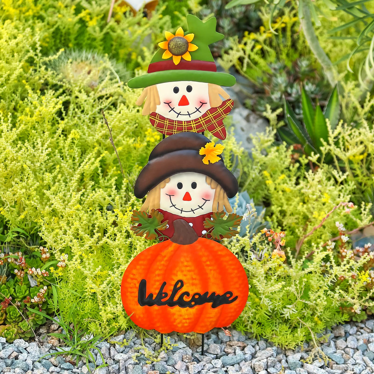Fall Decorations for Home Outdoor, Metal Stacked Scarecrow & Pumpkin Yard Stakes, Welcome Sign Garden Stakes, Metal Yard Signs for Garden Lawn Patio Halloween/Thanksgiving Decor