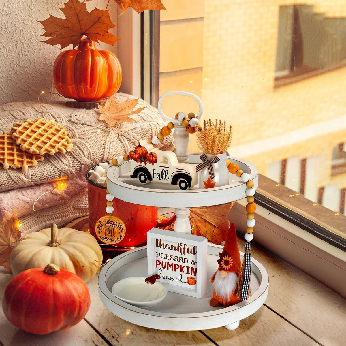 Thanksgiving Decorations for Home 6PCS Tiered Tray Decor Set, Tabletop Fall Decor for Tray Shelf Mantel Fire Place Office Desk Thanksgiving Autumn Table Centerpieces Pumpkin Farmhouse Wood Signs