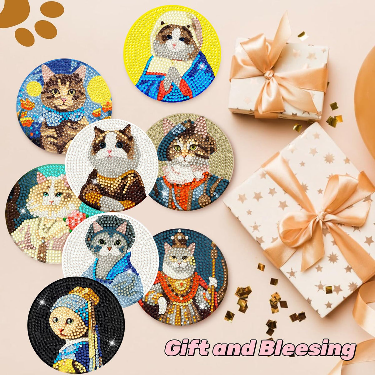 Puraikcmi 8PCs Diamond Paintings Coasters Kits Set, Funny Cat Diamond Art Coasters with Holder, DIY Crafts Diamond Art Kits Adult Craft Diamond Dots Gift