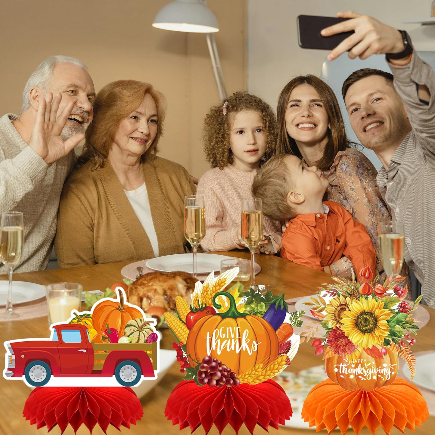 Thanksgiving Decorations, 9 Pack Thanksgiving Table Decorations, Honeycomb Fall Table Centerpieces for Thanksgiving Party, Harvest Themed Décor with Pumpkin, Turkey, Squirrel, Truck, Mushroom