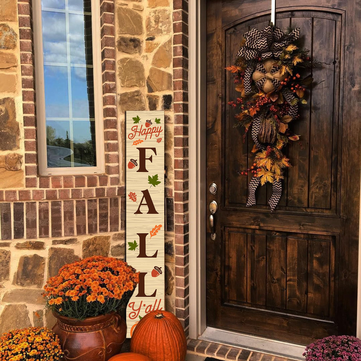 Happy Fall Sign Autumn Front Door Hanging Decor Welcome Sign Wooden Vertical Indoor Outdoor Standing Sign For Garden Home Yard Farmhouse Porch 47.2 x 7.8 Inch