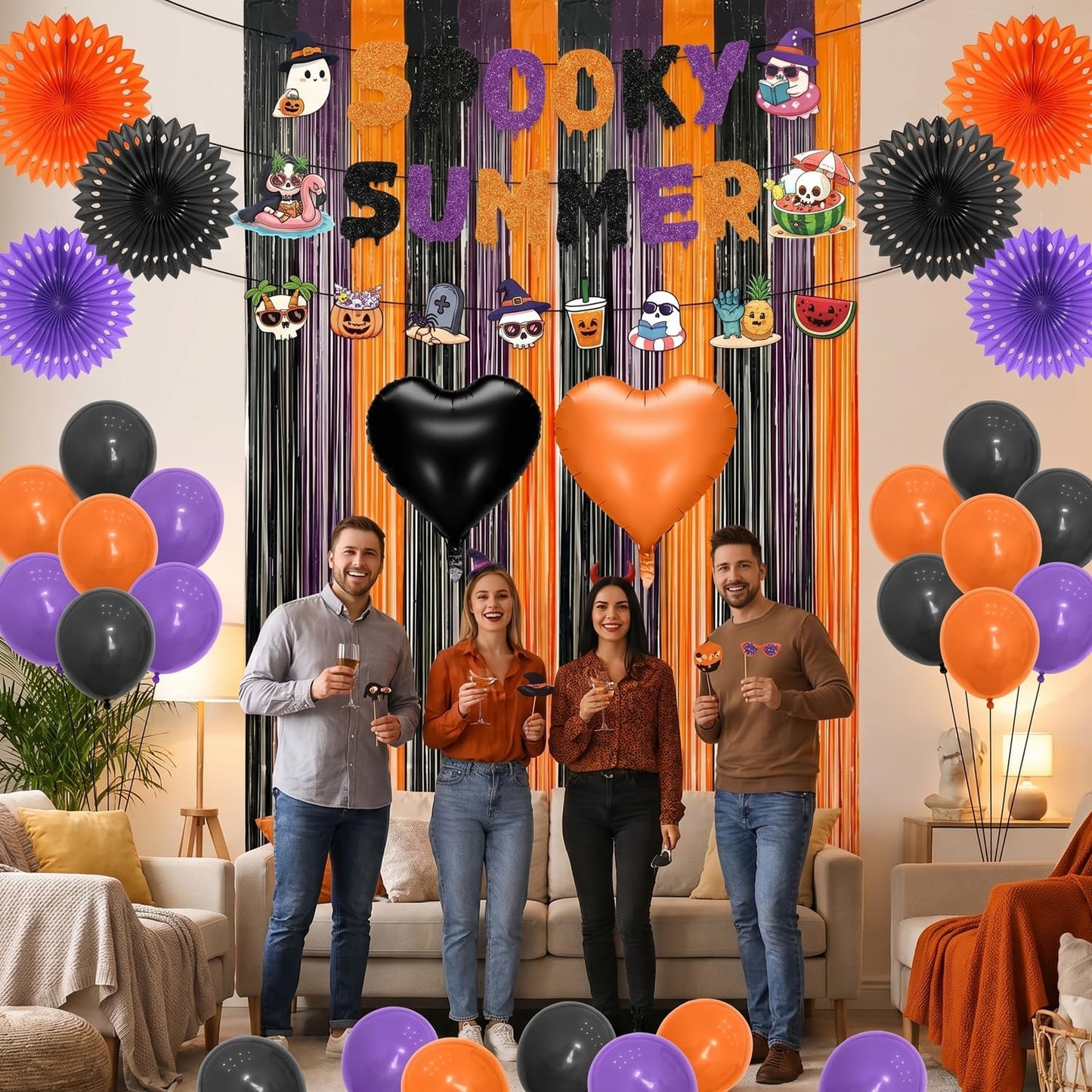 Gameza Summer Halloween Party Decorations - 27PCS Spooky Summer Halloween Banners Paper Fans Balloons Fringe Curtain Decor, Ghost Ween Vibes Holiday Party Supplies