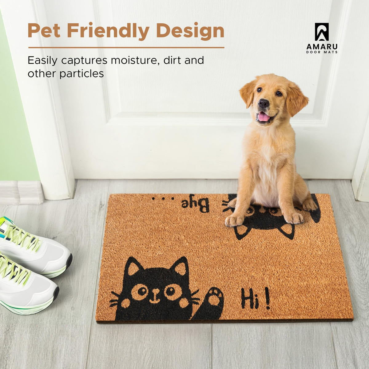 Hi-Bye Cat - 17"x29" - Coir Door Mat with Heavy Duty Backing - Welcome Mats for Entryway, Porch - Anti-Slip PVC & Coconut Fiber Surface - Natural Home Accessories, Minimalist Original Design